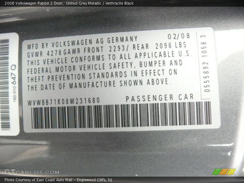United Grey Metallic / Anthracite Black 2008 Volkswagen Rabbit 2 Door