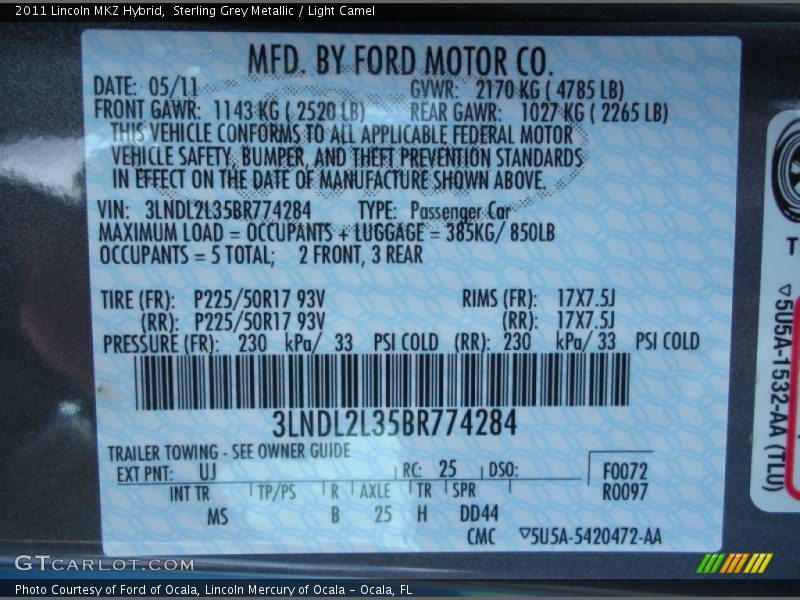 2011 MKZ Hybrid Sterling Grey Metallic Color Code UJ