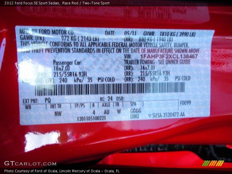 2012 Focus SE Sport Sedan Race Red Color Code PQ