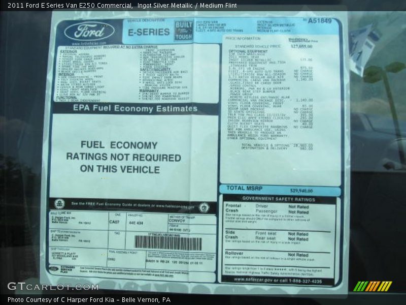  2011 E Series Van E250 Commercial Window Sticker