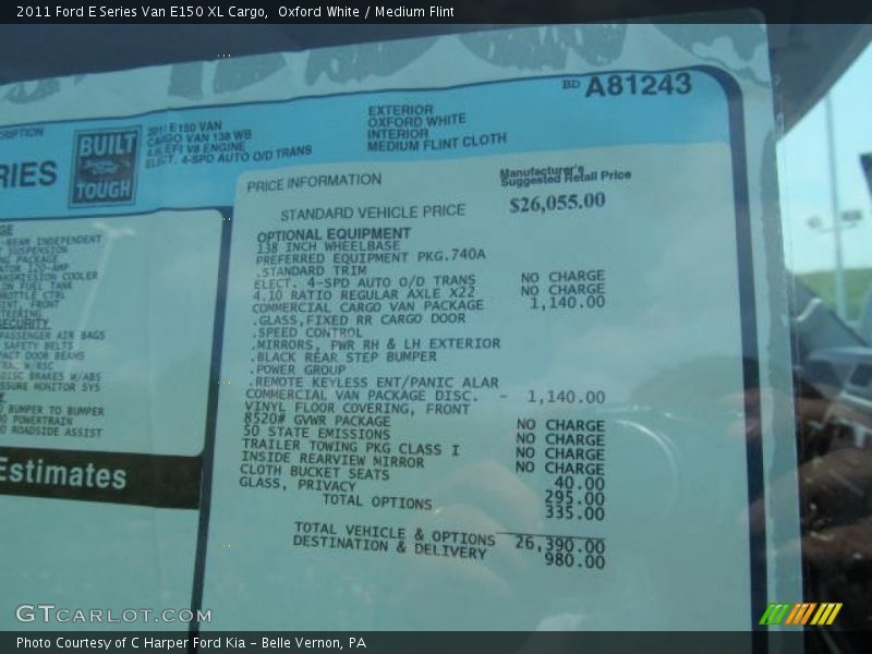  2011 E Series Van E150 XL Cargo Window Sticker