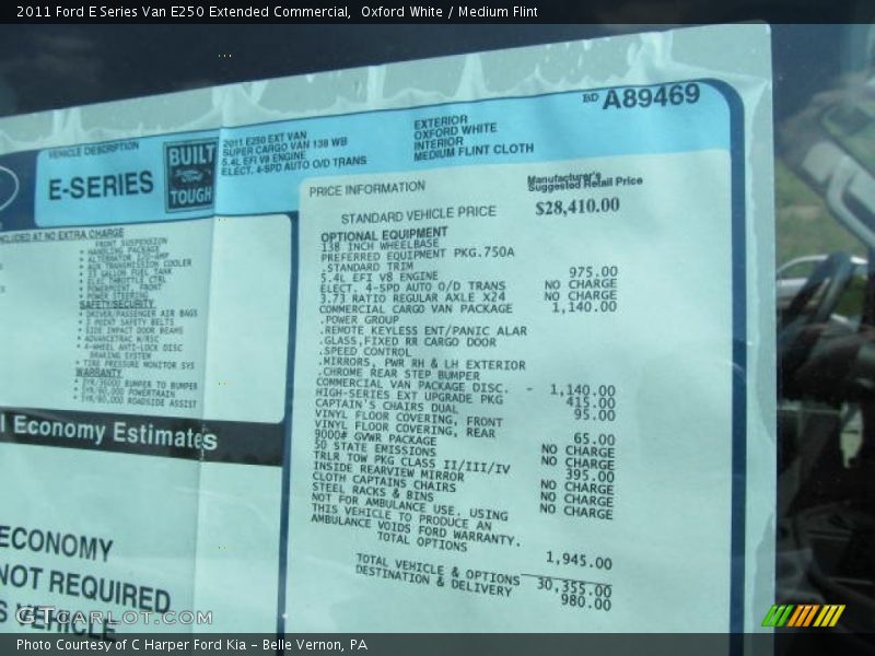 2011 E Series Van E250 Extended Commercial Window Sticker