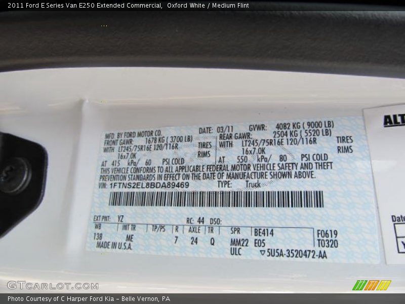 2011 E Series Van E250 Extended Commercial Oxford White Color Code YZ