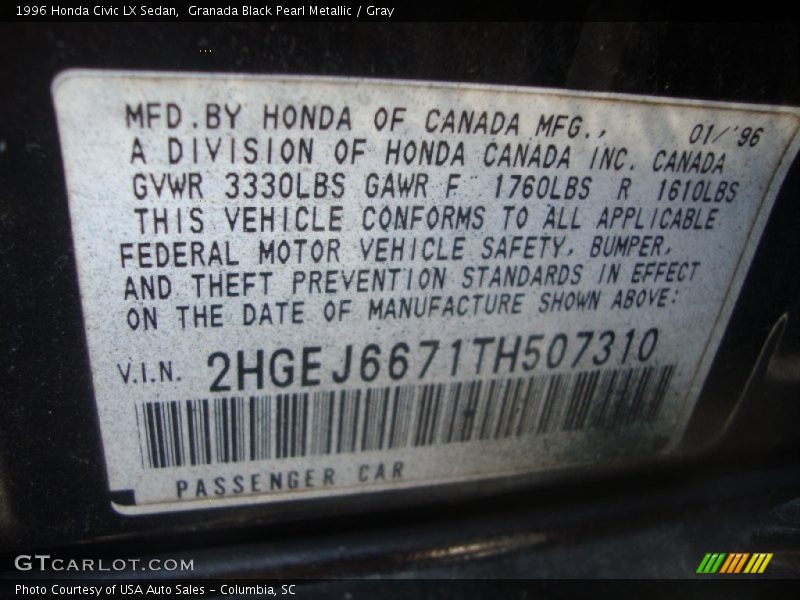 Granada Black Pearl Metallic / Gray 1996 Honda Civic LX Sedan