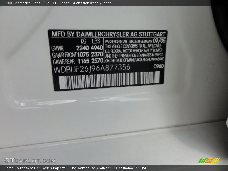 Alabaster White / Stone 2006 Mercedes-Benz E 320 CDI Sedan