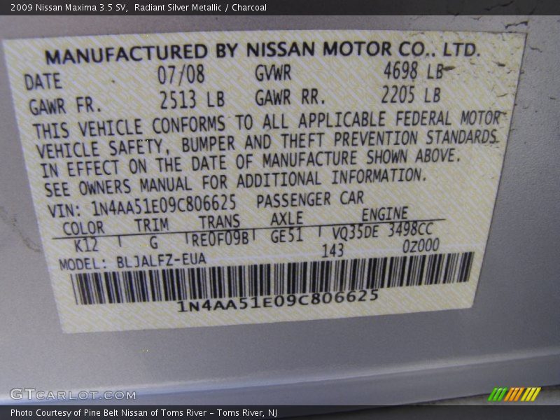 Radiant Silver Metallic / Charcoal 2009 Nissan Maxima 3.5 SV