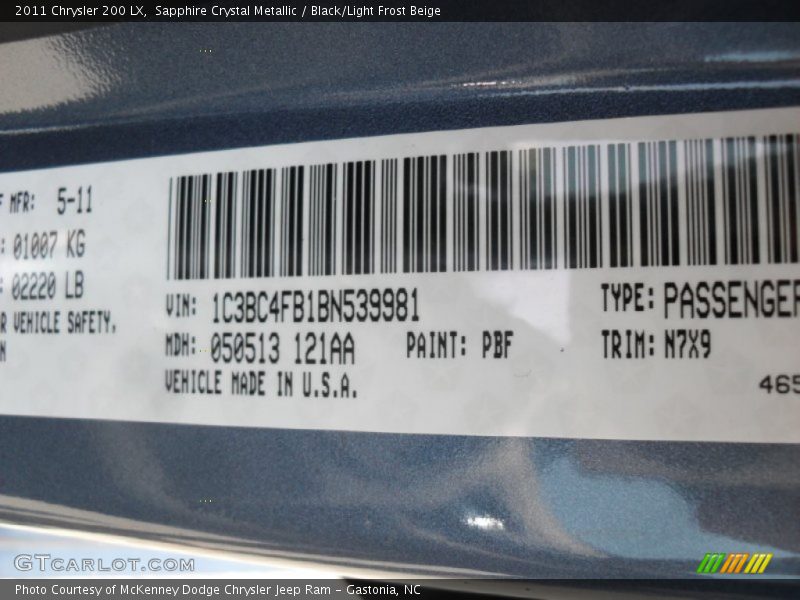 2011 200 LX Sapphire Crystal Metallic Color Code PBF