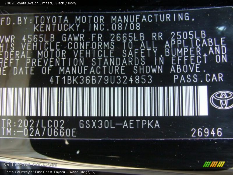 Black / Ivory 2009 Toyota Avalon Limited