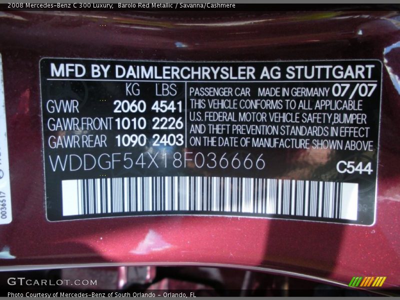 2008 C 300 Luxury Barolo Red Metallic Color Code 544