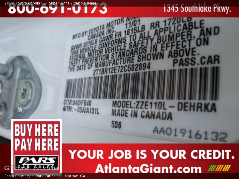 Super White / Pebble Beige 2002 Toyota Corolla CE