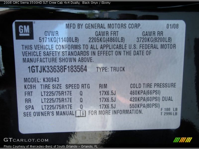 Info Tag of 2008 Sierra 3500HD SLT Crew Cab 4x4 Dually