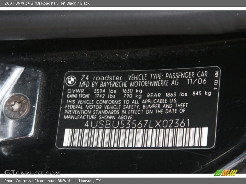 Jet Black / Black 2007 BMW Z4 3.0si Roadster