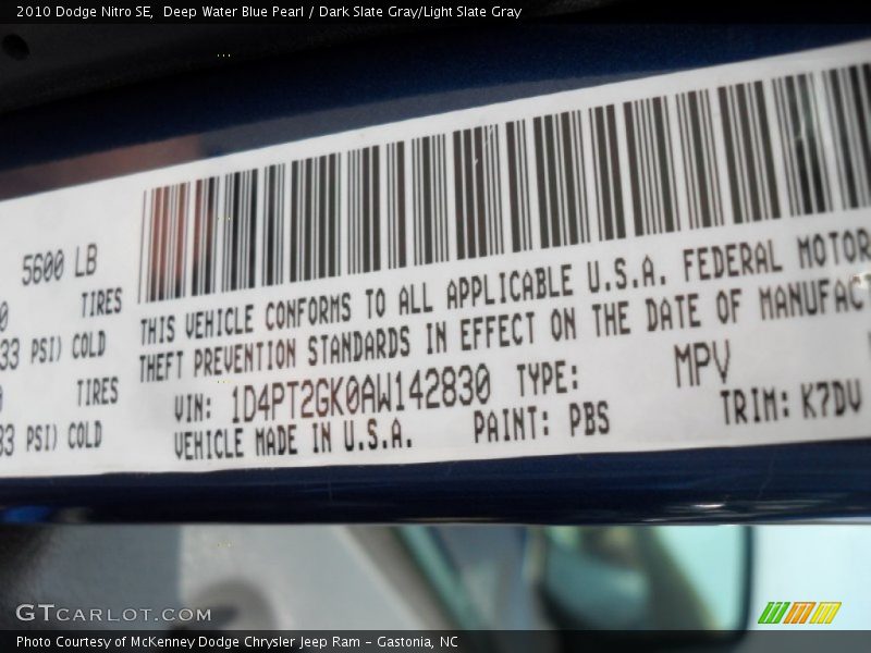 Deep Water Blue Pearl / Dark Slate Gray/Light Slate Gray 2010 Dodge Nitro SE