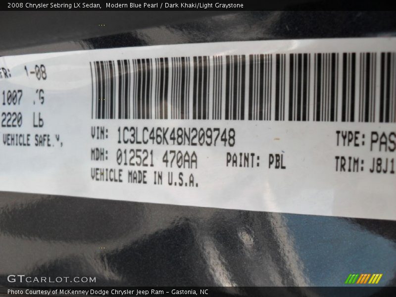 Modern Blue Pearl / Dark Khaki/Light Graystone 2008 Chrysler Sebring LX Sedan