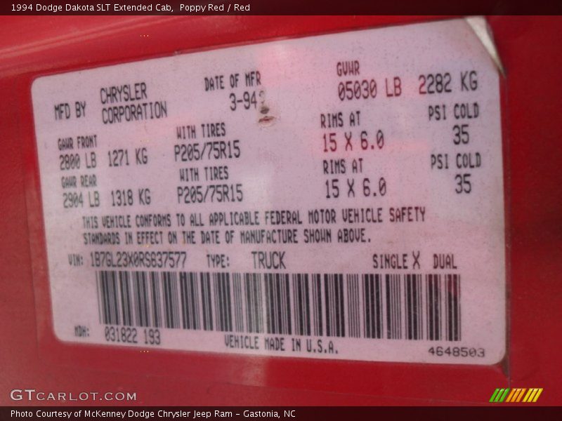 Info Tag of 1994 Dakota SLT Extended Cab