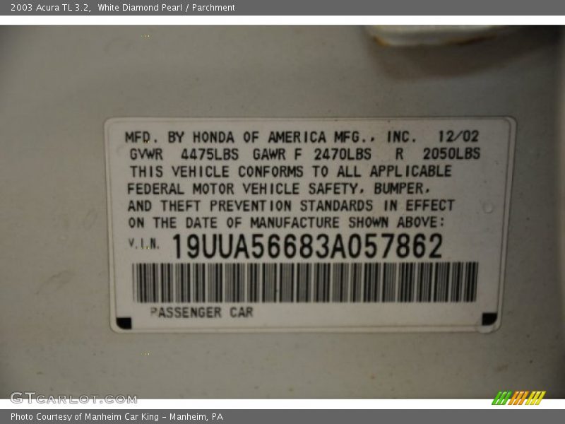 White Diamond Pearl / Parchment 2003 Acura TL 3.2