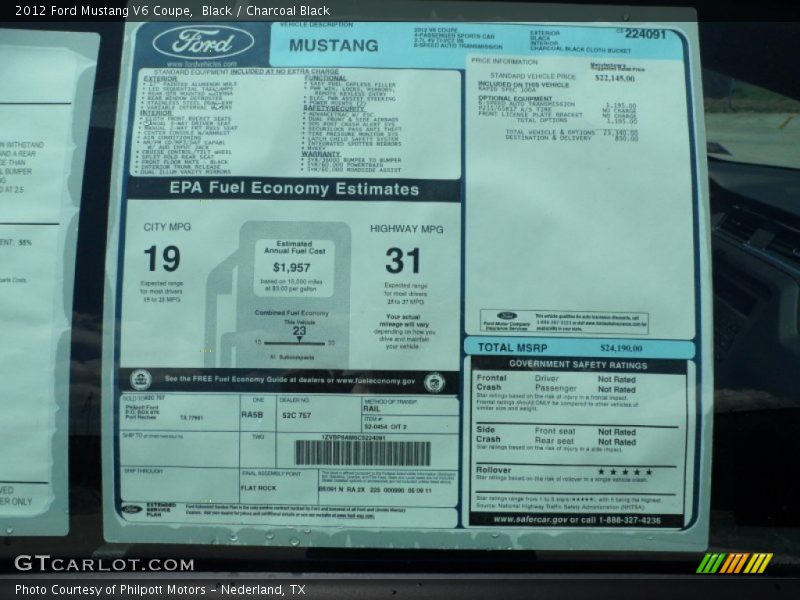  2012 Mustang V6 Coupe Window Sticker