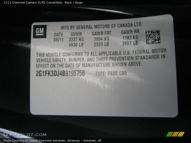 Info Tag of 2011 Camaro SS/RS Convertible