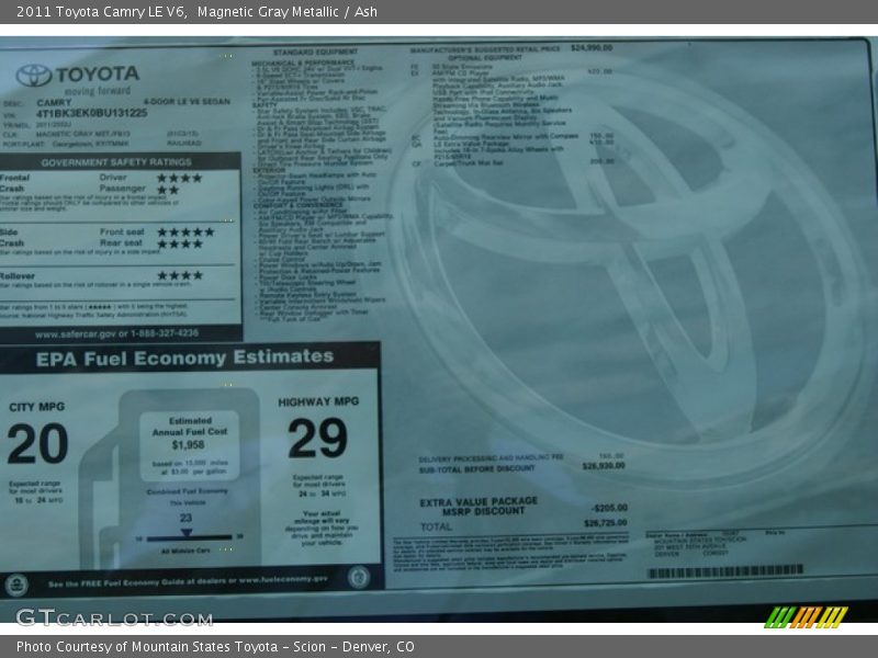 Magnetic Gray Metallic / Ash 2011 Toyota Camry LE V6