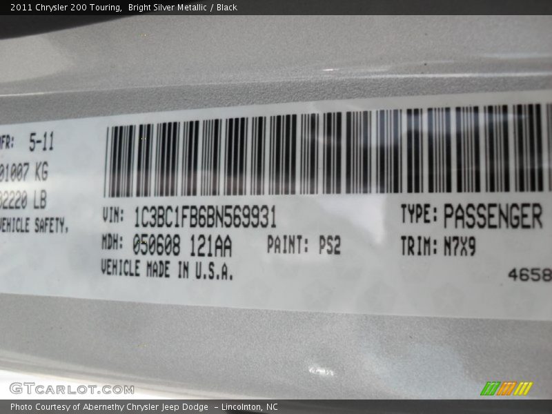 Bright Silver Metallic / Black 2011 Chrysler 200 Touring