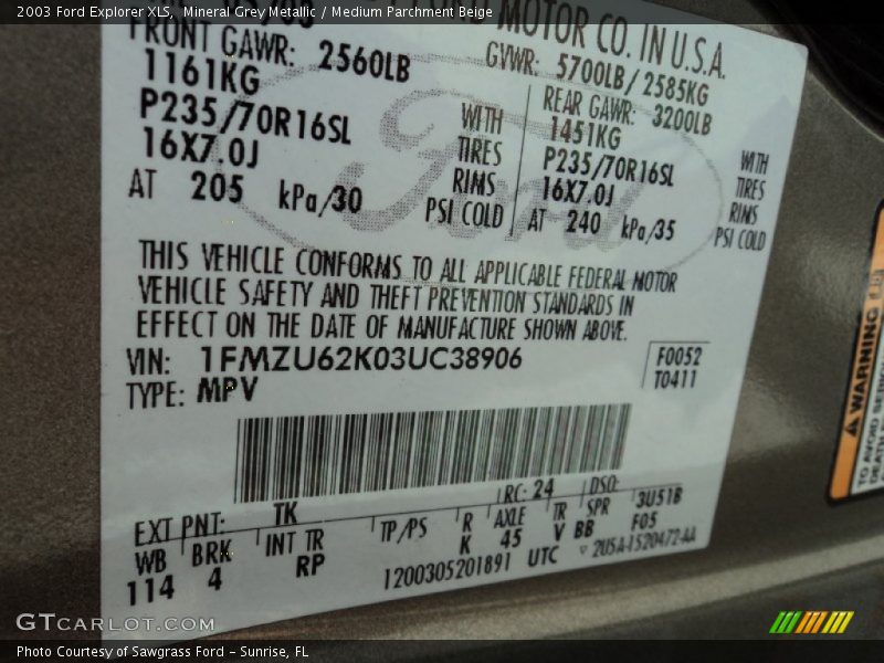 2003 Explorer XLS Mineral Grey Metallic Color Code TK
