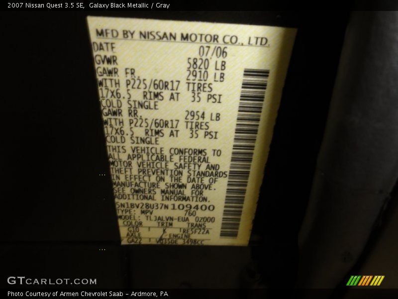 Galaxy Black Metallic / Gray 2007 Nissan Quest 3.5 SE