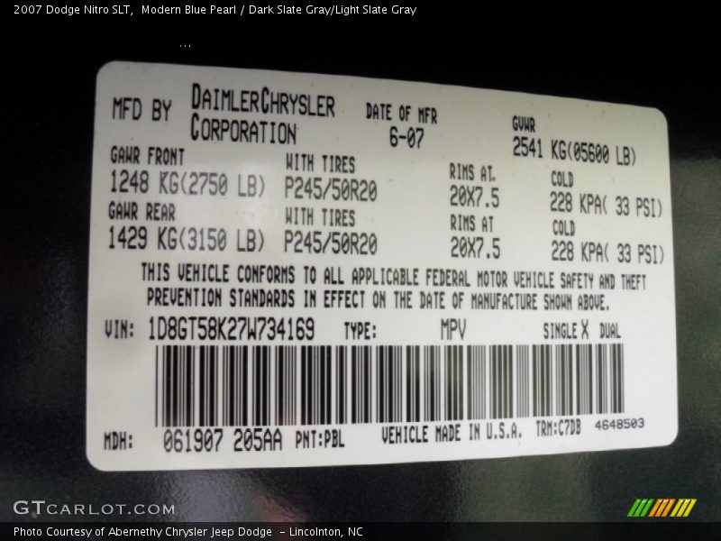 2007 Nitro SLT Modern Blue Pearl Color Code PBL