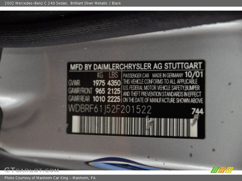 Brilliant Silver Metallic / Black 2002 Mercedes-Benz C 240 Sedan
