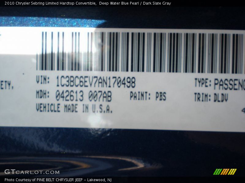 2010 Sebring Limited Hardtop Convertible Deep Water Blue Pearl Color Code PBS