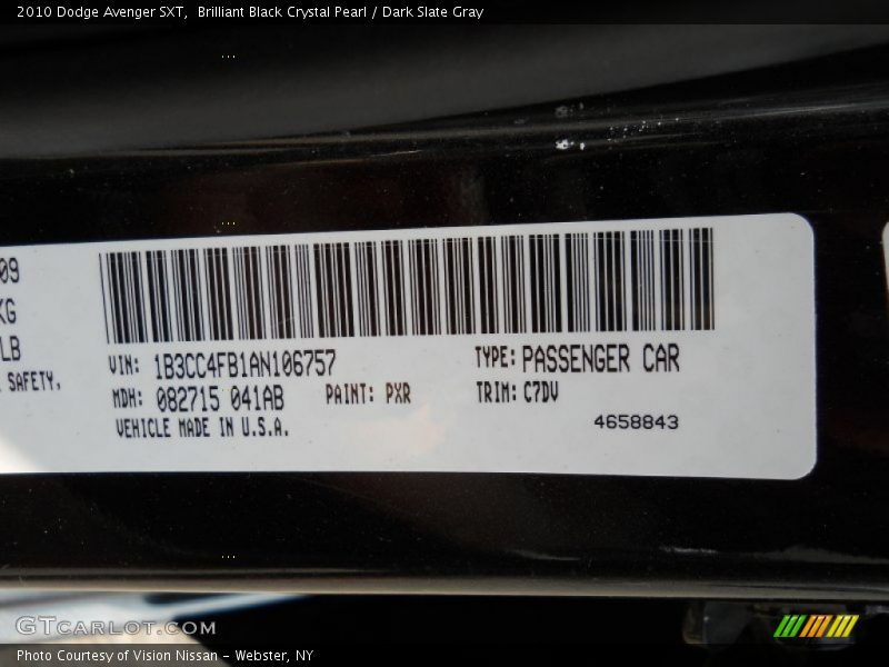 Brilliant Black Crystal Pearl / Dark Slate Gray 2010 Dodge Avenger SXT