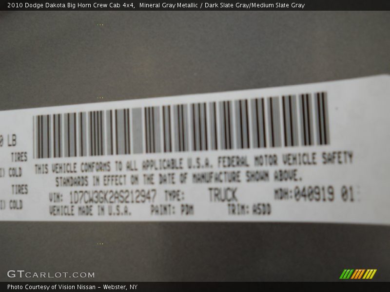 Mineral Gray Metallic / Dark Slate Gray/Medium Slate Gray 2010 Dodge Dakota Big Horn Crew Cab 4x4