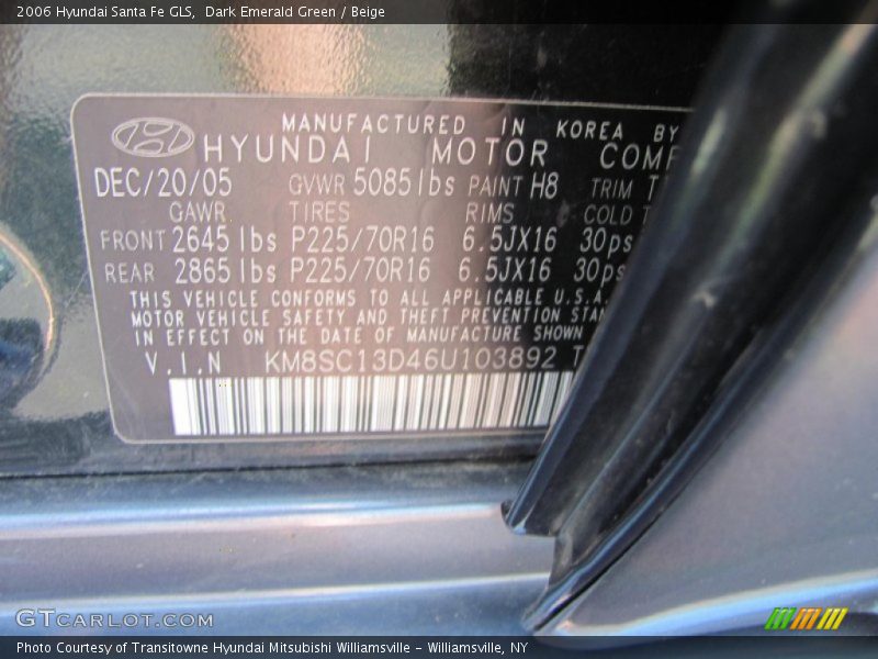 Dark Emerald Green / Beige 2006 Hyundai Santa Fe GLS