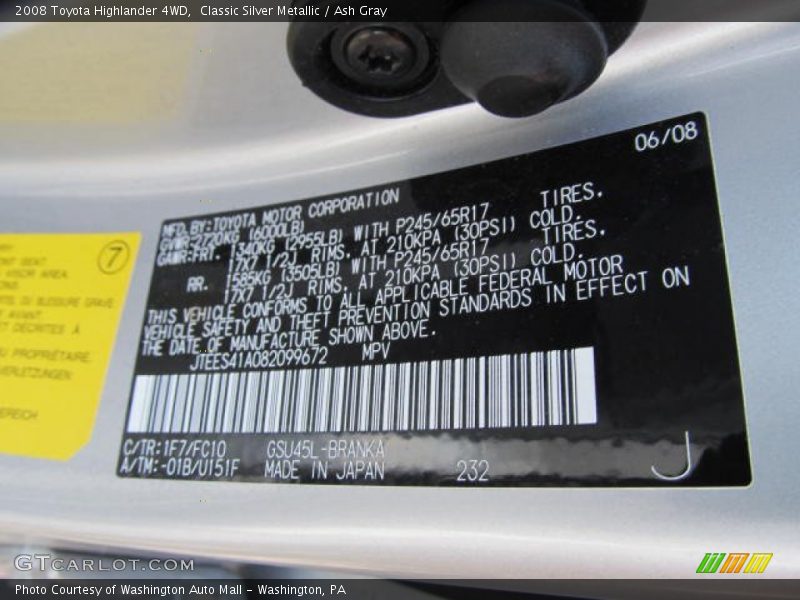 Classic Silver Metallic / Ash Gray 2008 Toyota Highlander 4WD
