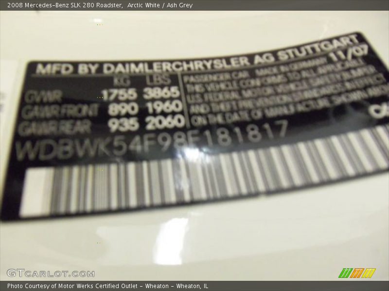 Arctic White / Ash Grey 2008 Mercedes-Benz SLK 280 Roadster