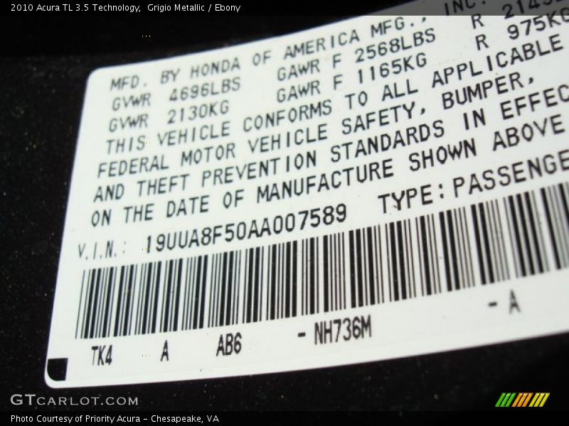Grigio Metallic / Ebony 2010 Acura TL 3.5 Technology