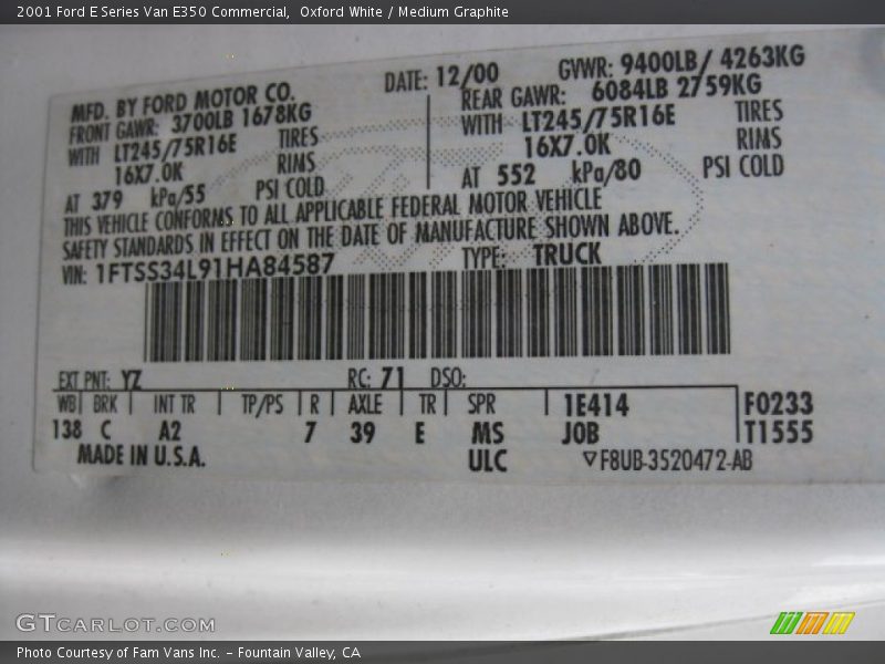 2001 E Series Van E350 Commercial Oxford White Color Code YZ