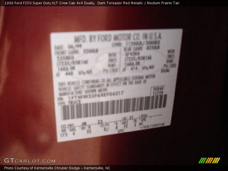 Dark Toreador Red Metallic / Medium Prairie Tan 1999 Ford F350 Super Duty XLT Crew Cab 4x4 Dually