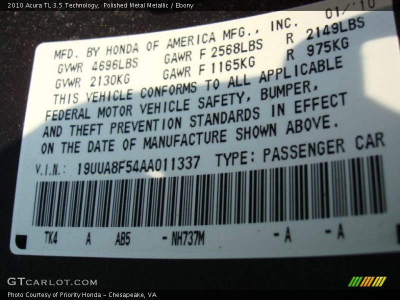 Polished Metal Metallic / Ebony 2010 Acura TL 3.5 Technology