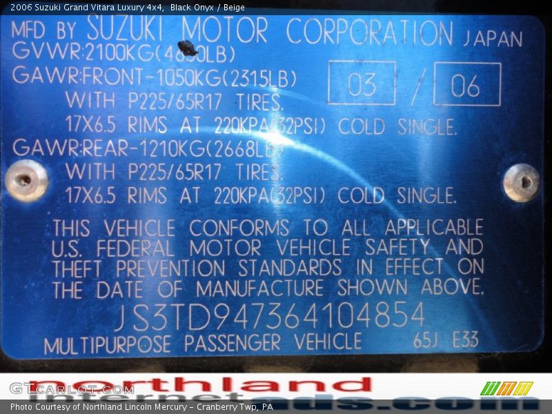 Black Onyx / Beige 2006 Suzuki Grand Vitara Luxury 4x4