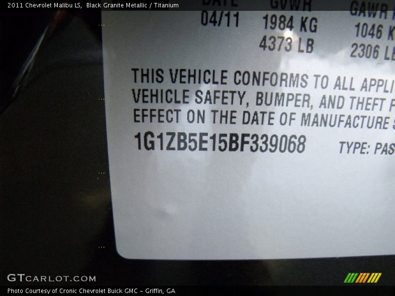 Black Granite Metallic / Titanium 2011 Chevrolet Malibu LS