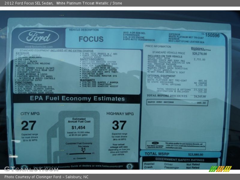  2012 Focus SEL Sedan Window Sticker