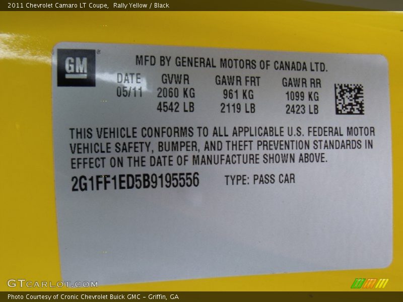 Info Tag of 2011 Camaro LT Coupe