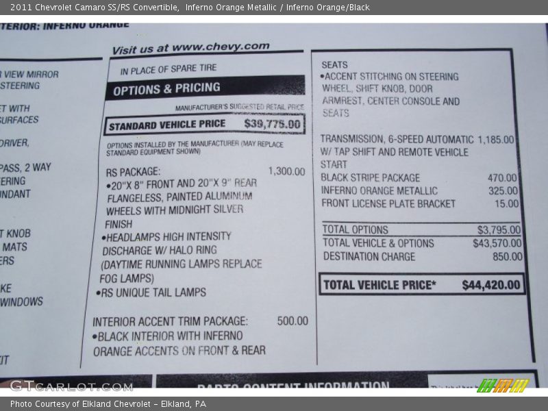  2011 Camaro SS/RS Convertible Window Sticker