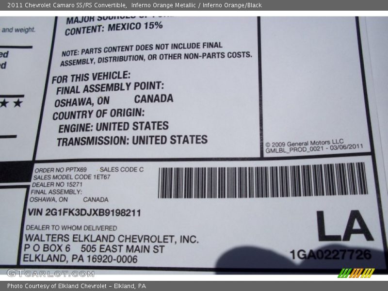  2011 Camaro SS/RS Convertible Window Sticker