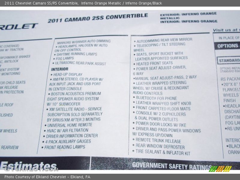  2011 Camaro SS/RS Convertible Window Sticker