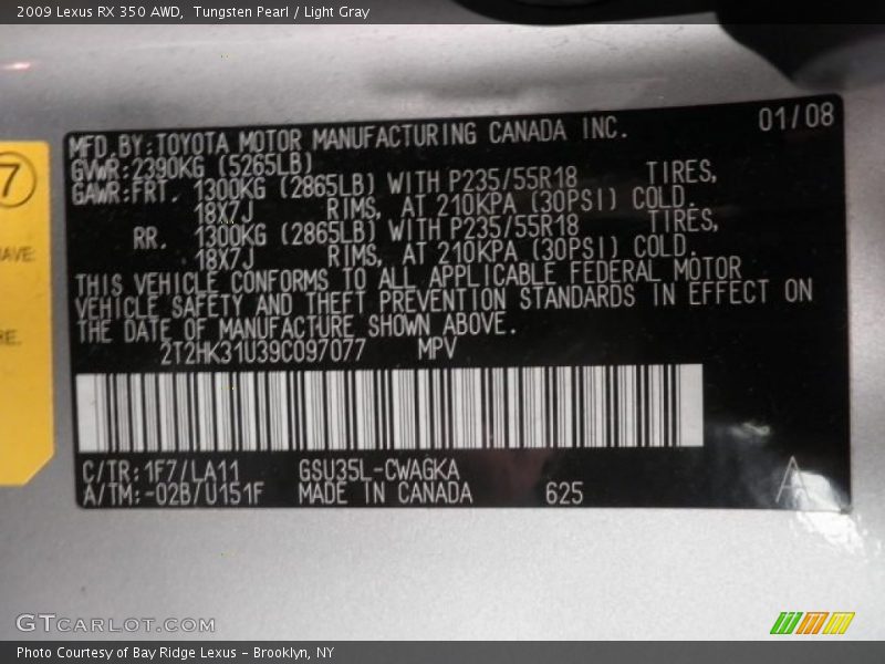Tungsten Pearl / Light Gray 2009 Lexus RX 350 AWD