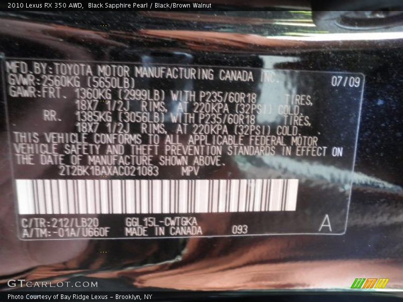 Black Sapphire Pearl / Black/Brown Walnut 2010 Lexus RX 350 AWD