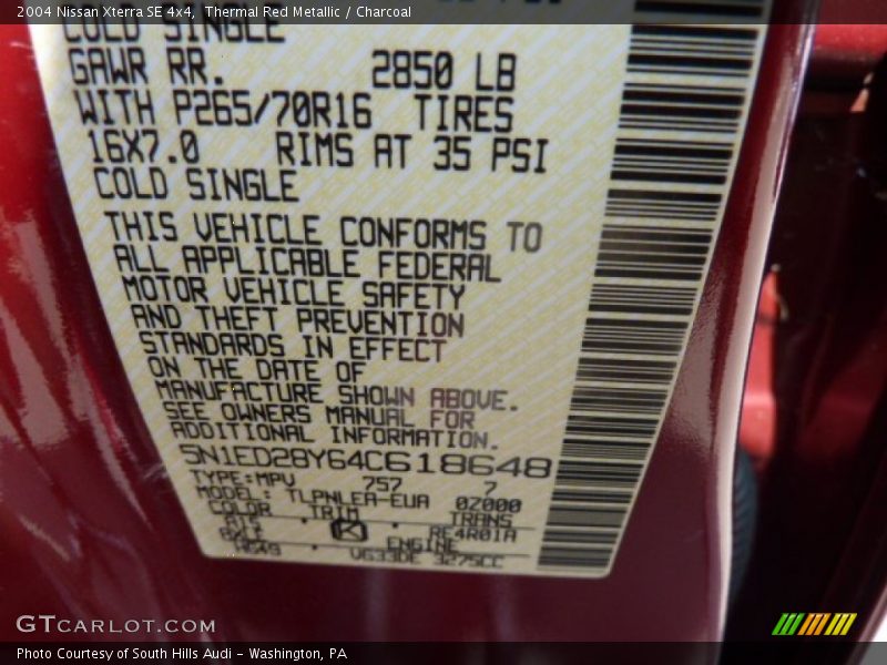 Thermal Red Metallic / Charcoal 2004 Nissan Xterra SE 4x4