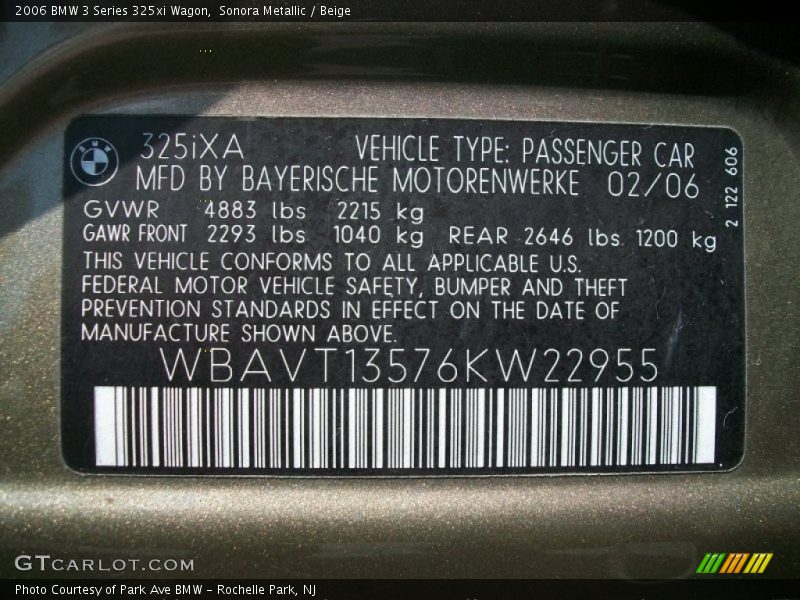 Info Tag of 2006 3 Series 325xi Wagon