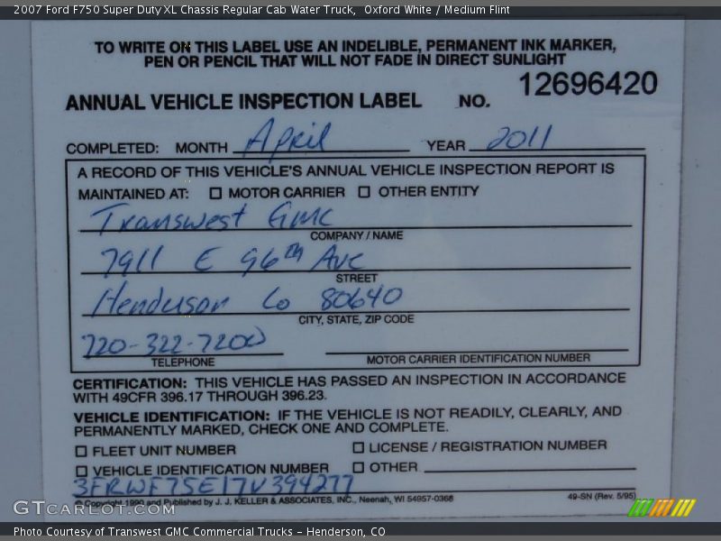 Oxford White / Medium Flint 2007 Ford F750 Super Duty XL Chassis Regular Cab Water Truck